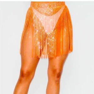 NWT Hot & Delicious Rhinestone Jewel Cover Orange Beaded Fringe Skirt
